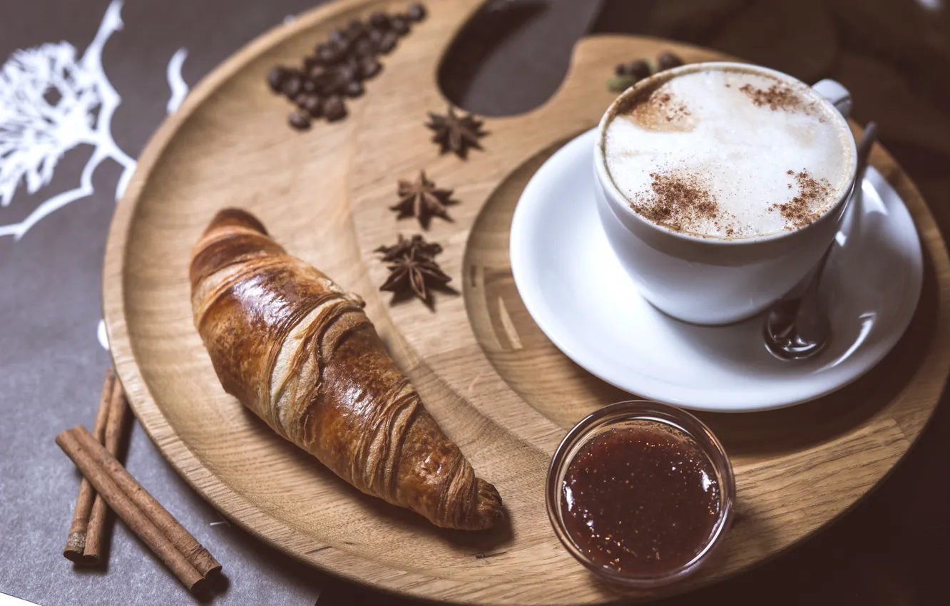 Photo wallpaper coffee, cinnamon, croissant