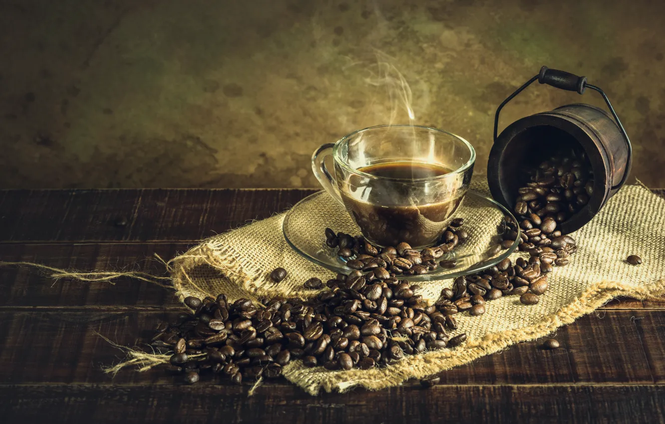 Photo wallpaper retro, coffee, Cup, coffee beans, burlap, vintage, bucket