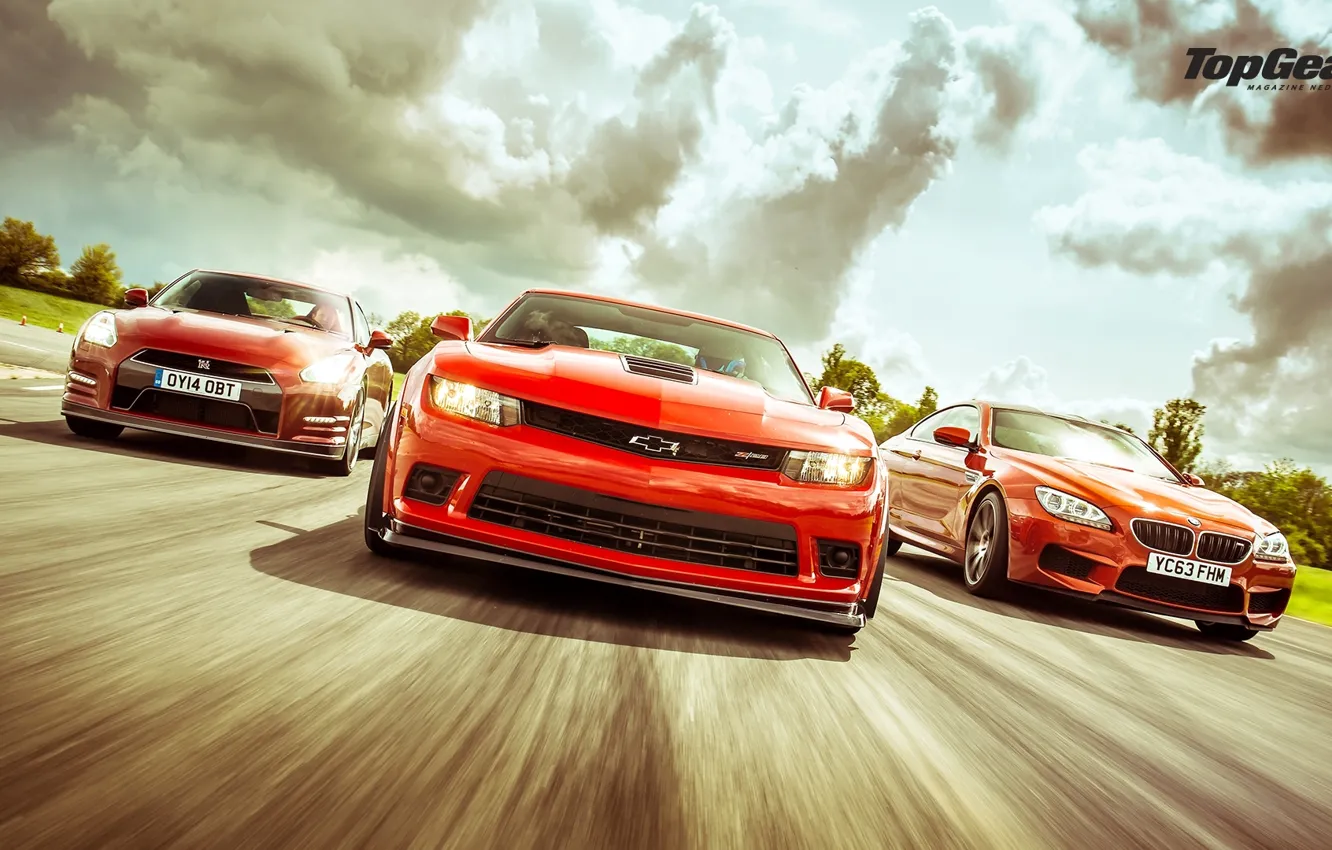 Photo wallpaper Top Gear, Red, Cars, Front, BMW M6, Nissan GT-R, Track, Chevrolet Camaro Z28
