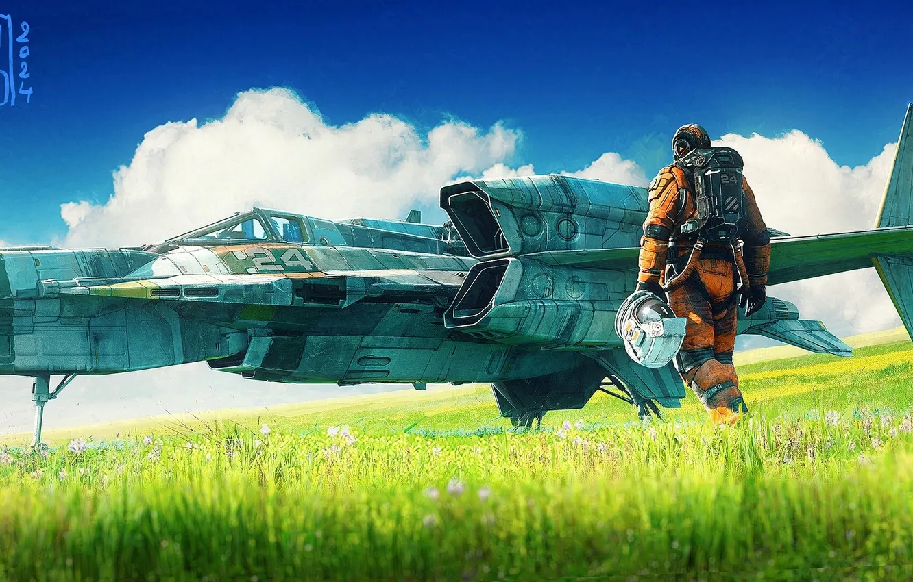 Photo wallpaper grass, fantasy, science fiction, spaceship, sci-fi, digital art, artwork, fantasy art