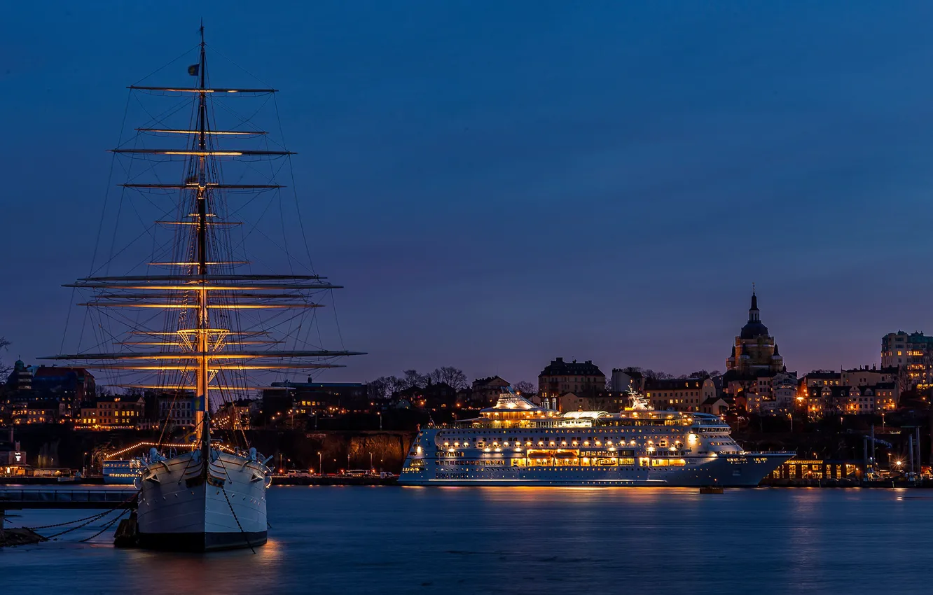 Photo wallpaper night, lights, coast, ship, home, sailboat, Bay, Stockholm
