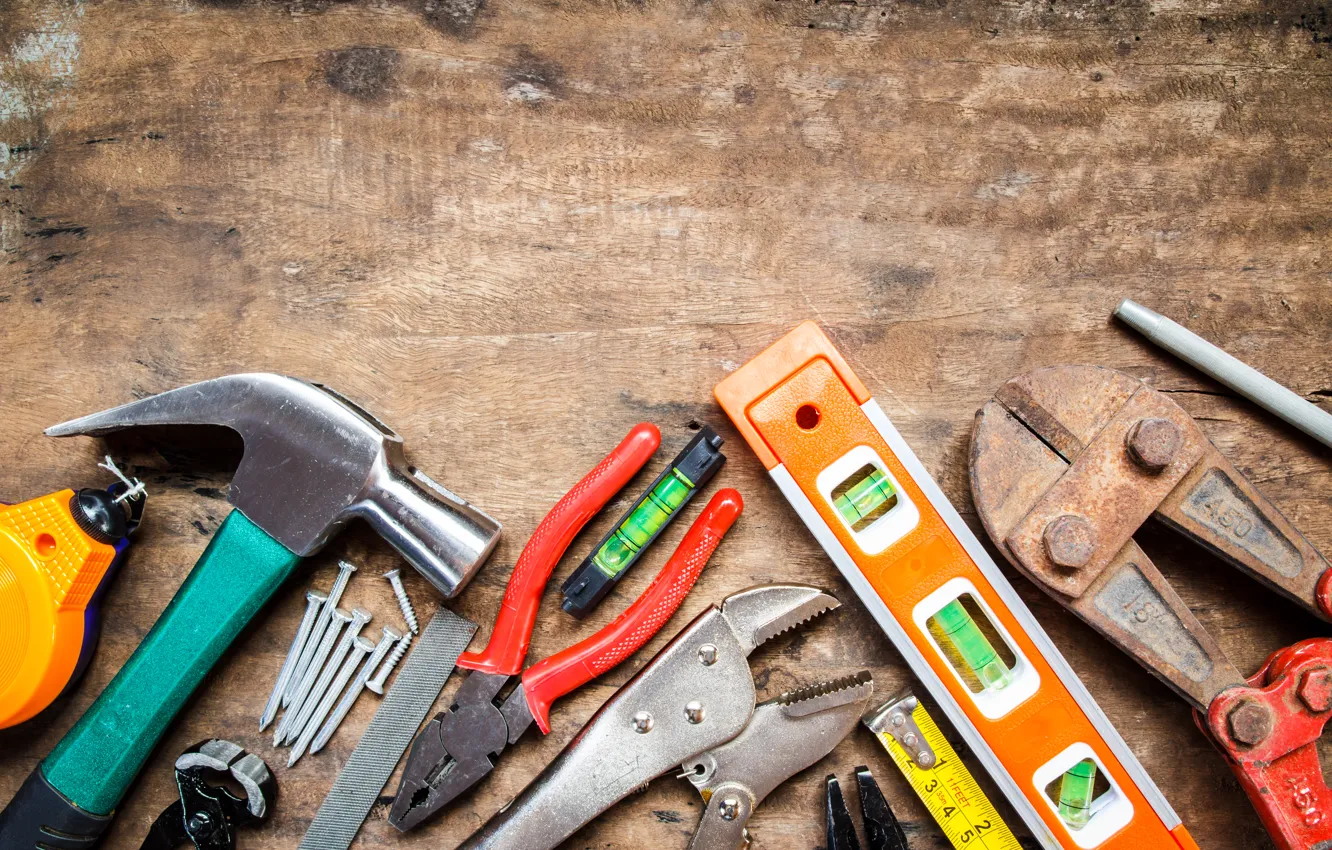 Photo wallpaper wood, tools, workbench
