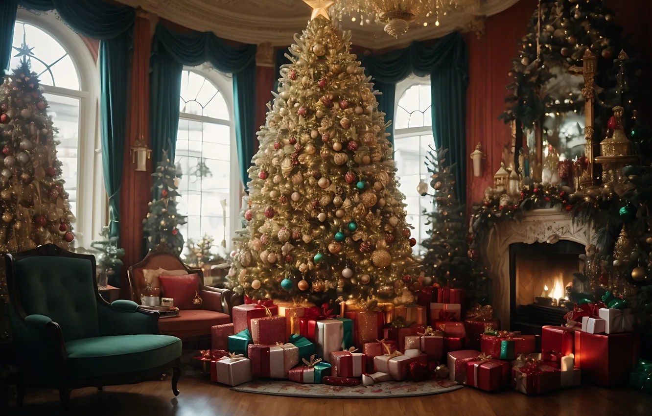 Photo wallpaper decoration, room, gift, balls, tree, new year, interior, Christmas