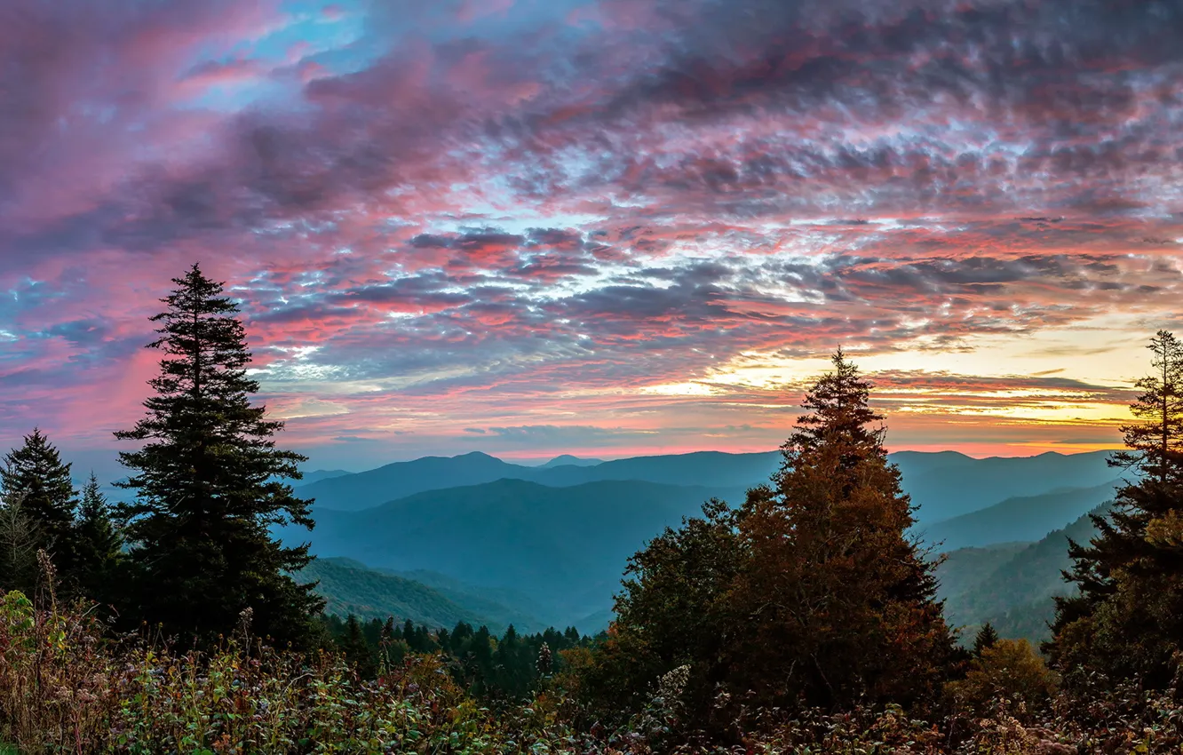 Photo wallpaper landscape, sunset, mountains