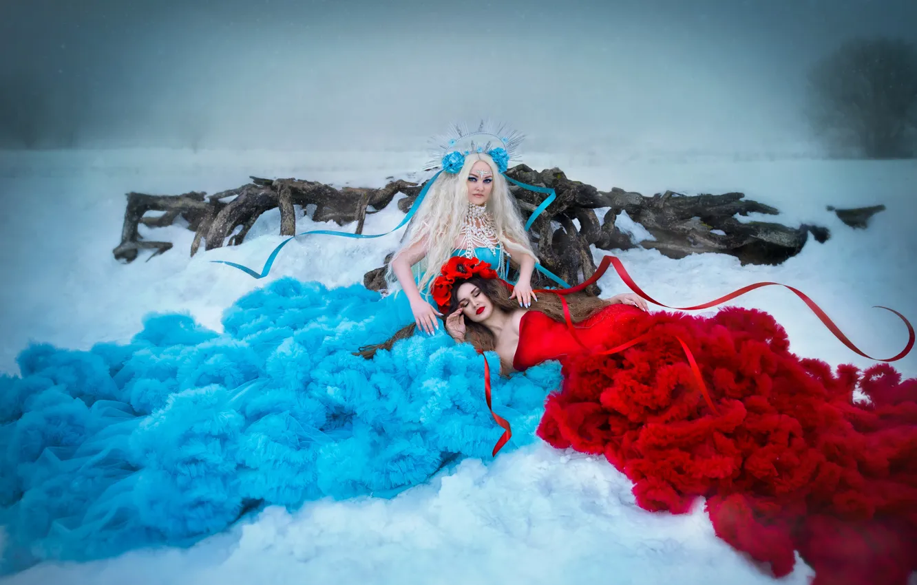 Photo wallpaper winter, girl, snow, woman, contrast, pair, outfit, the snow