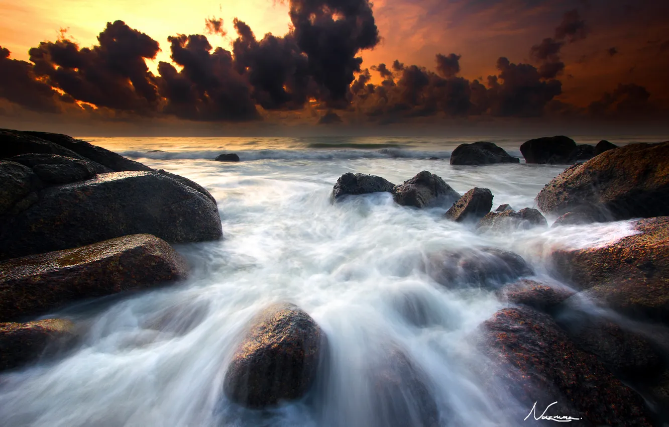 Photo wallpaper sea, wave, the sky, clouds, stones, rocks, excerpt