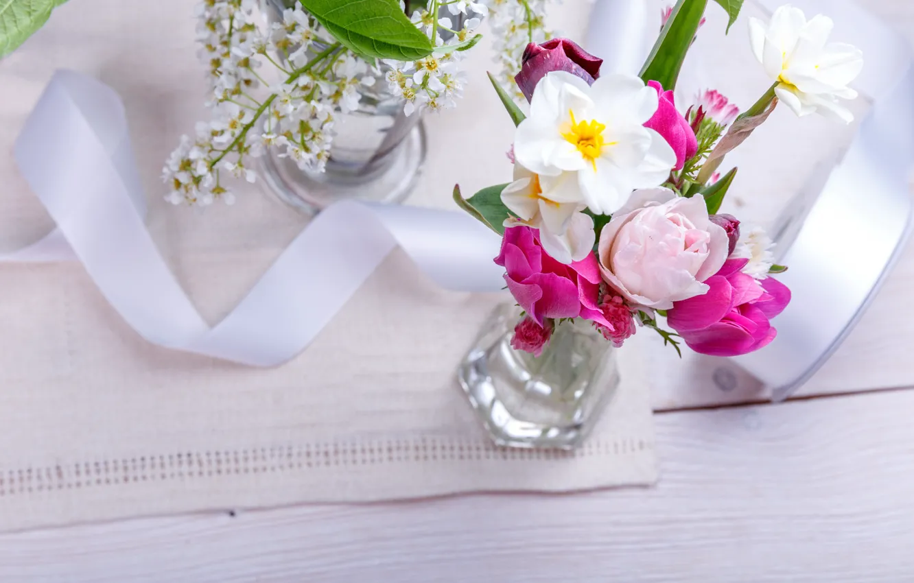 Photo wallpaper flowers, bouquet, spring, colorful, tape, buds, wood, pink