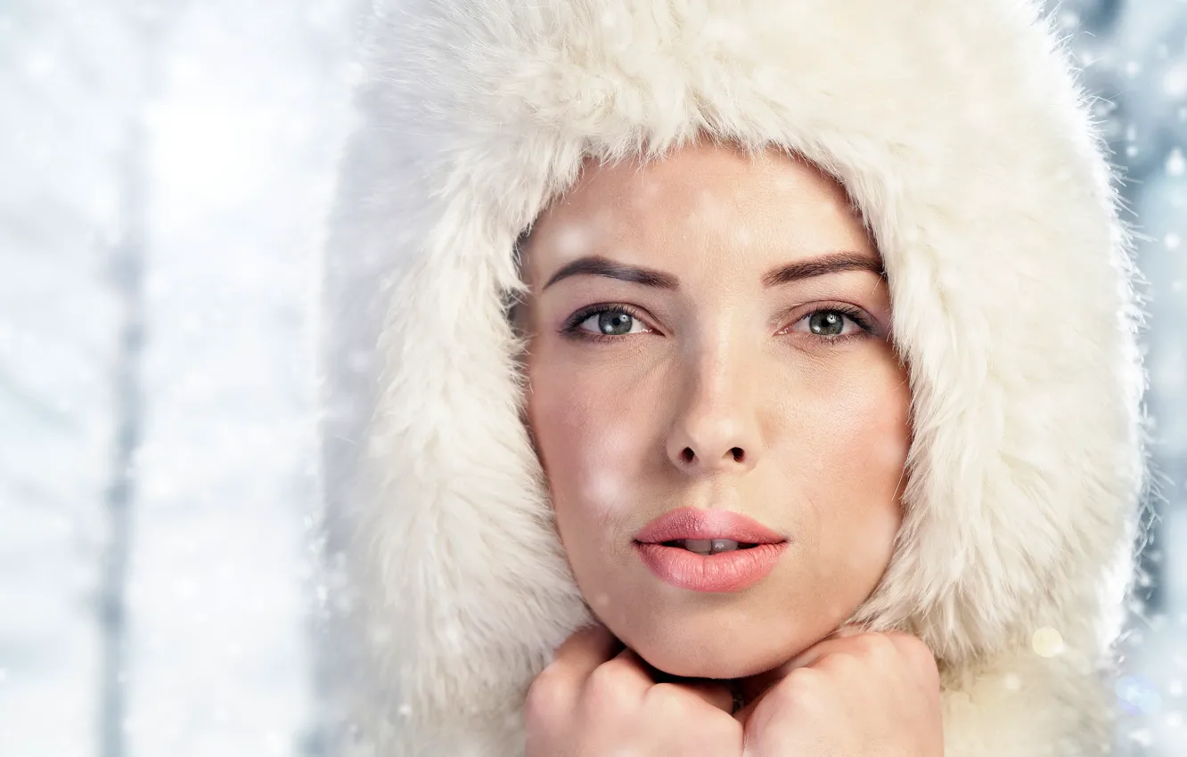 Photo wallpaper winter, look, girl, snowflakes, close-up, face, hat, portrait
