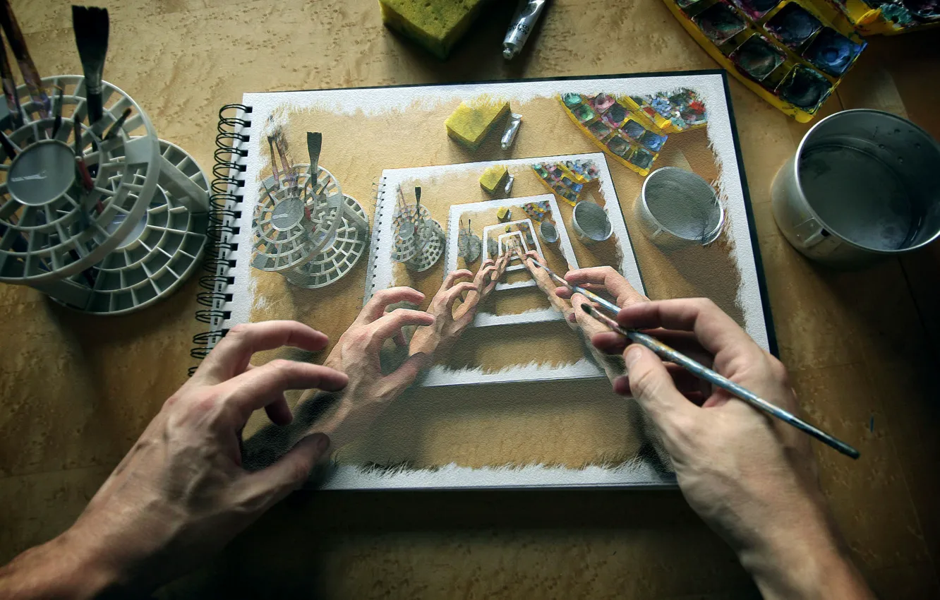 Photo wallpaper paint, hands, art, artist, album, brush, picture, workplace