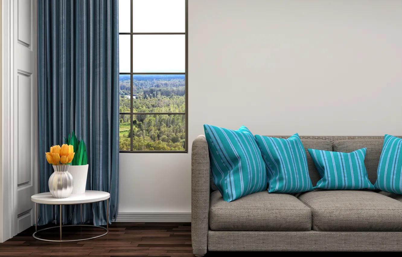 Photo wallpaper flowers, design, sofa, interior, pillow, window, blue, vase