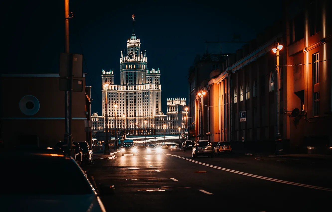 Photo wallpaper road, the city, street, building, home, the evening, lighting, Moscow
