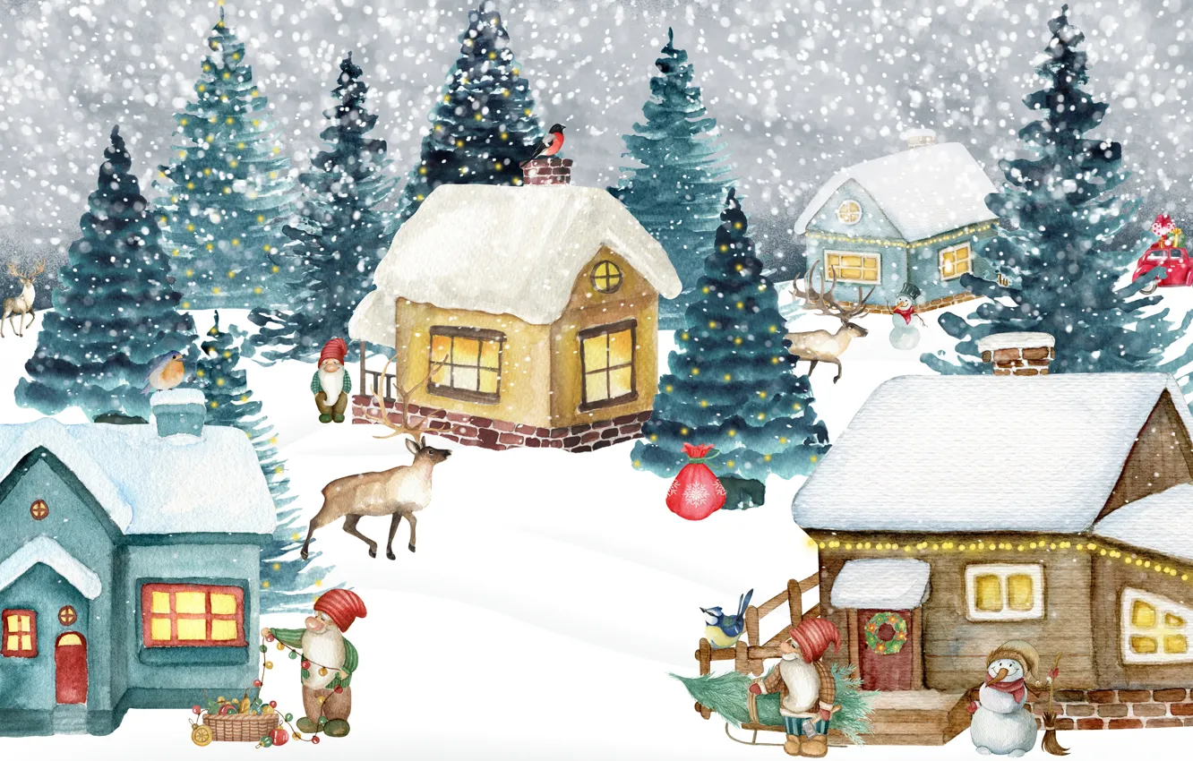 Photo wallpaper winter, forest, light, snow, gift, bird, toy, figure