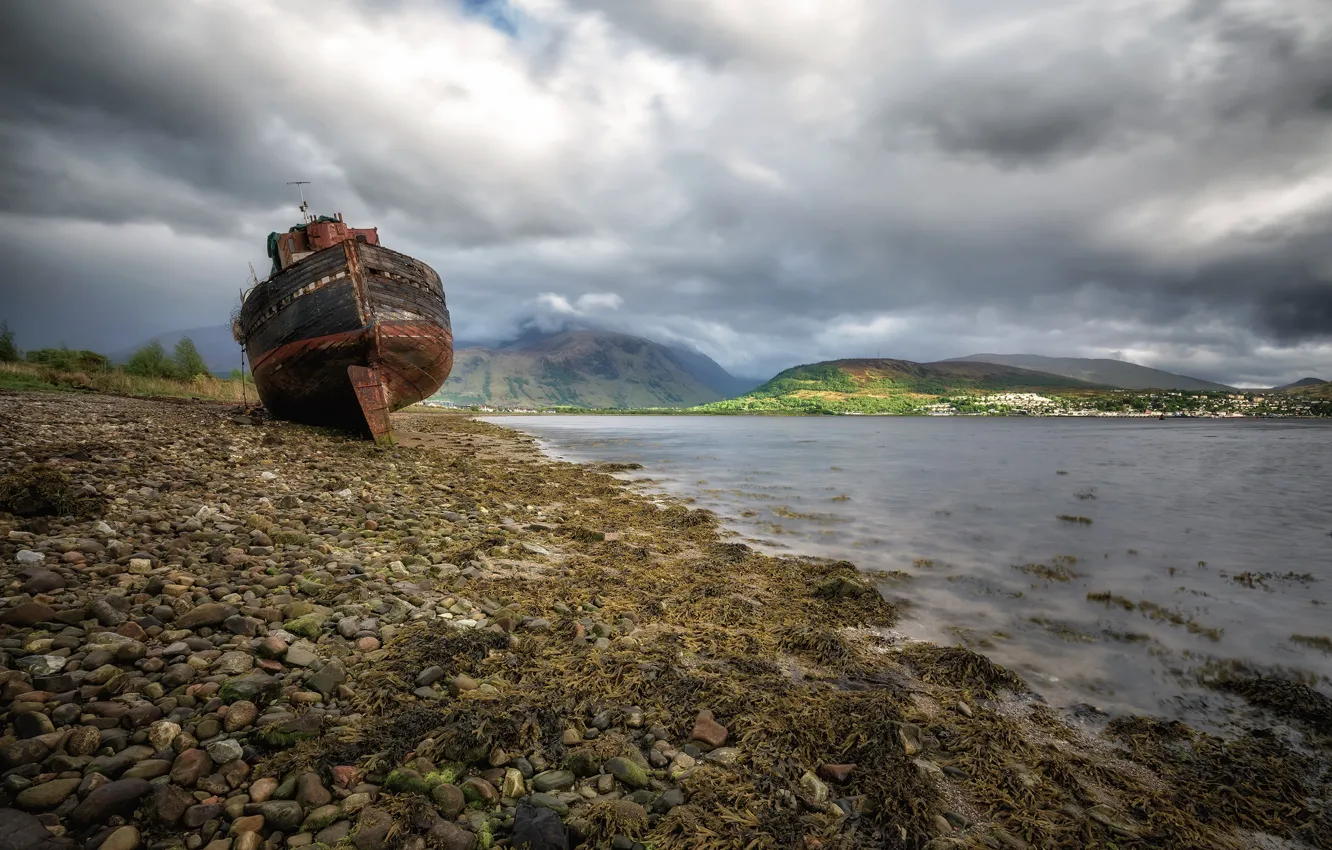 Photo wallpaper stones, coast, Old boat