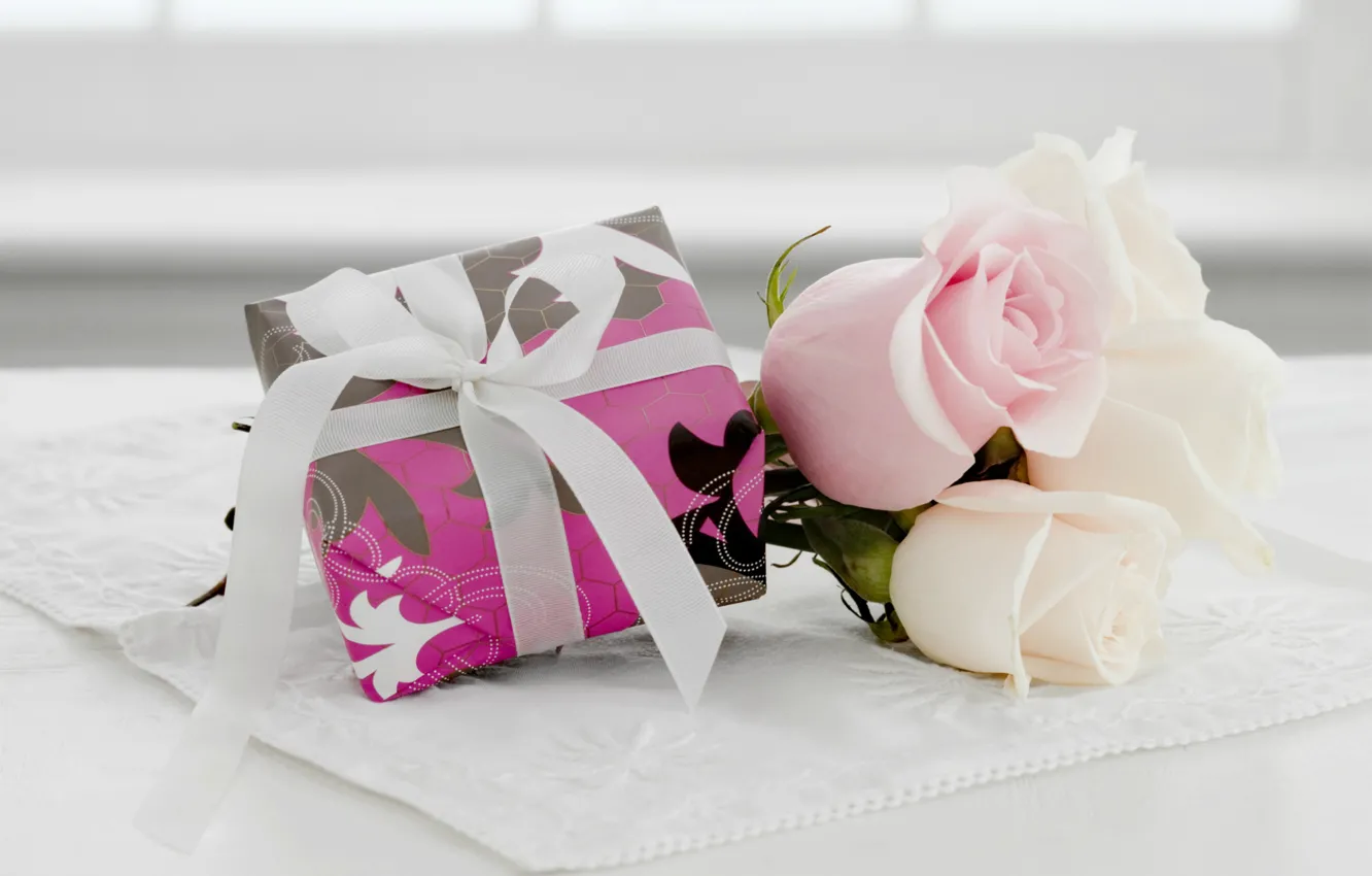 Photo wallpaper box, gift, roses, bow