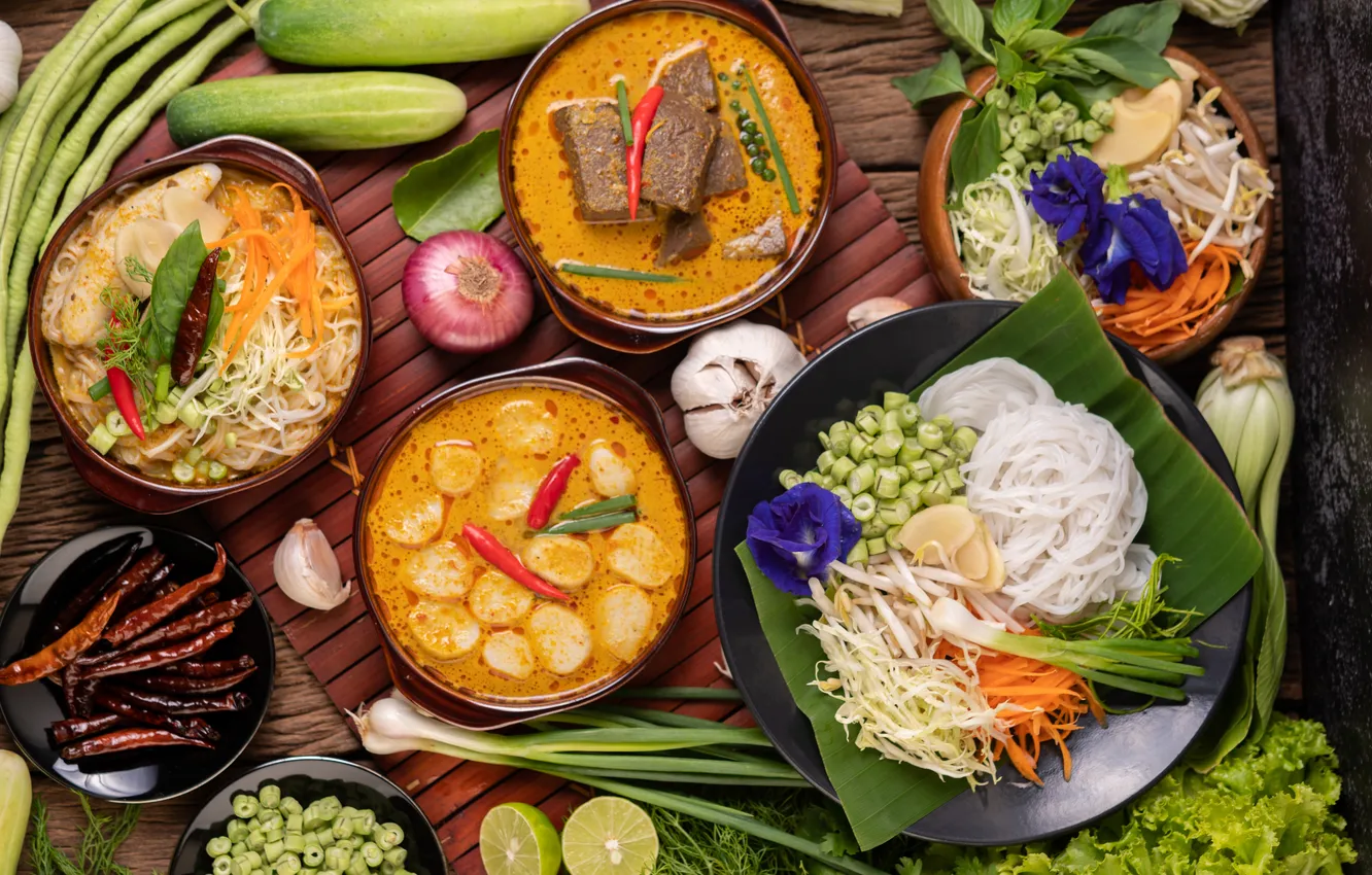 Photo wallpaper rice, chili, cucumber, paste, bowl, noodles, Curry