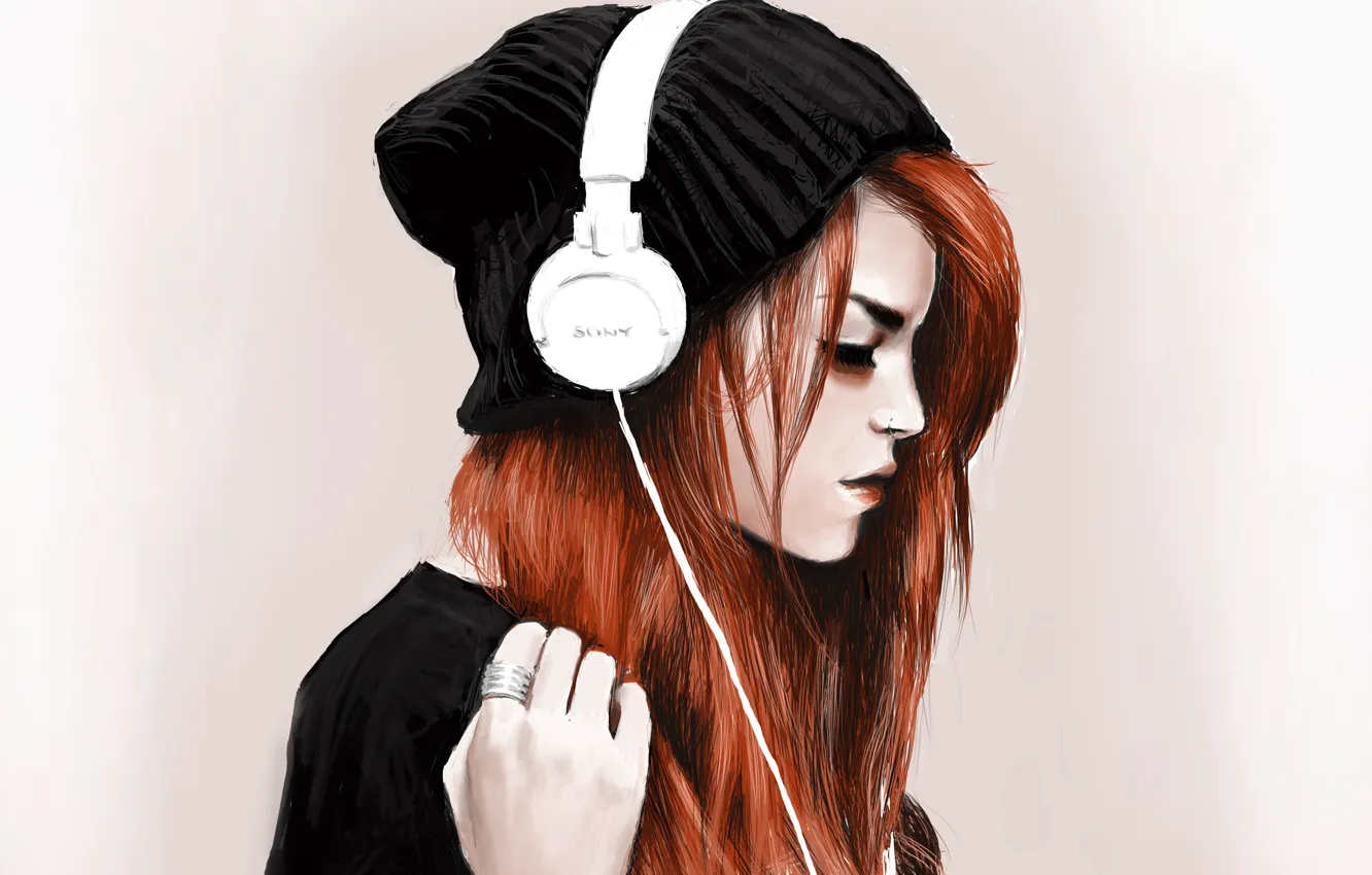 Photo wallpaper girl, hat, headphones, piercing, ring, red