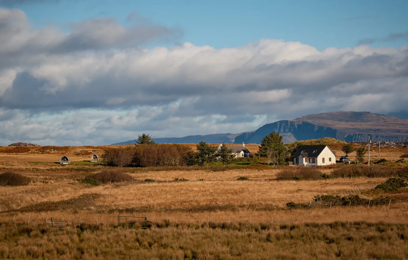 Photo wallpaper field, autumn, the sky, grass, clouds, trees, mountains, home