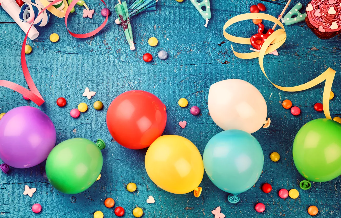 Photo wallpaper decoration, balloons, candy, sweets, Happy Birthday, decoration, Birthday, holiday celebration