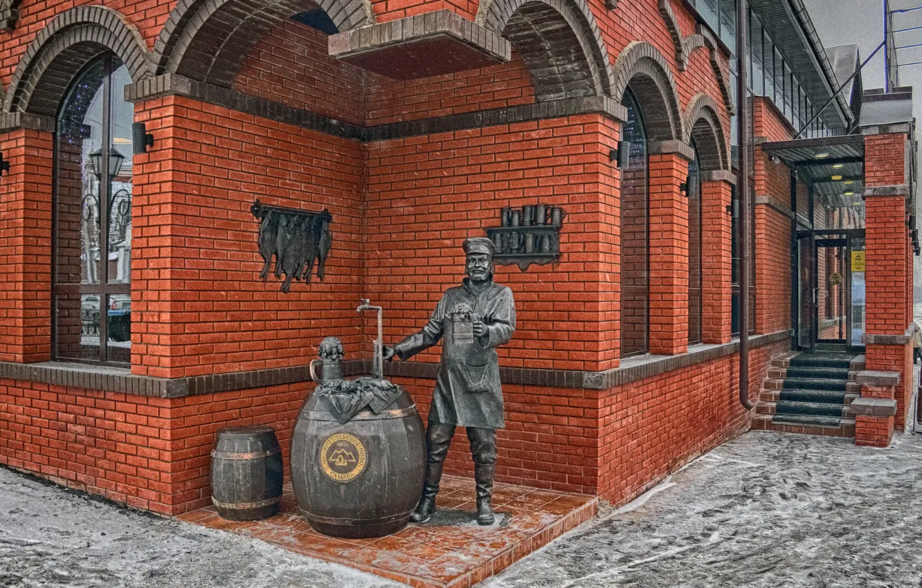 Photo wallpaper the city, house, style, beer, man, Winter, monument, steps