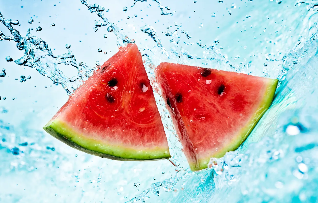 Photo wallpaper summer, water, squirt, watermelon, slices, watermelon