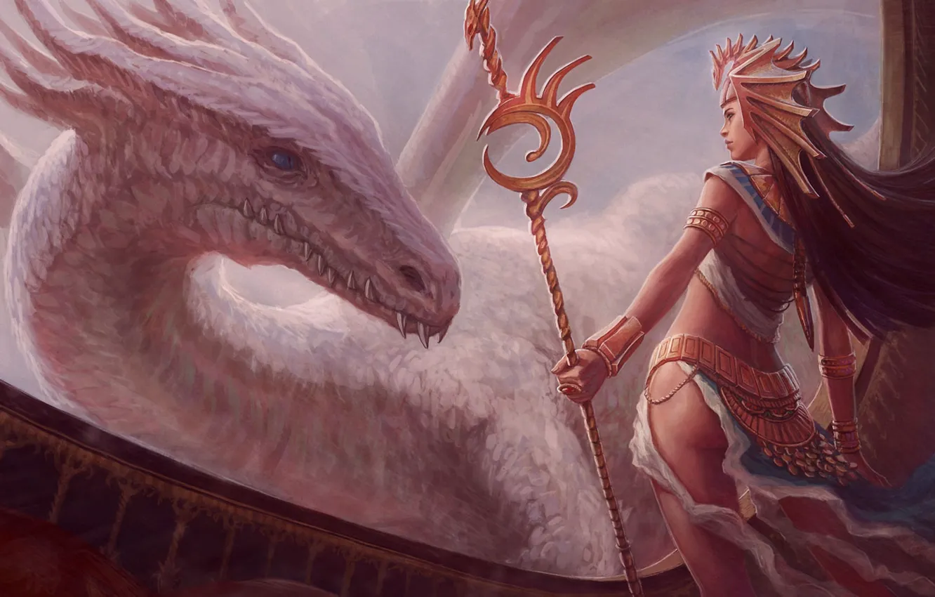 Photo wallpaper girl, dragon, art, staff, Javier Charro