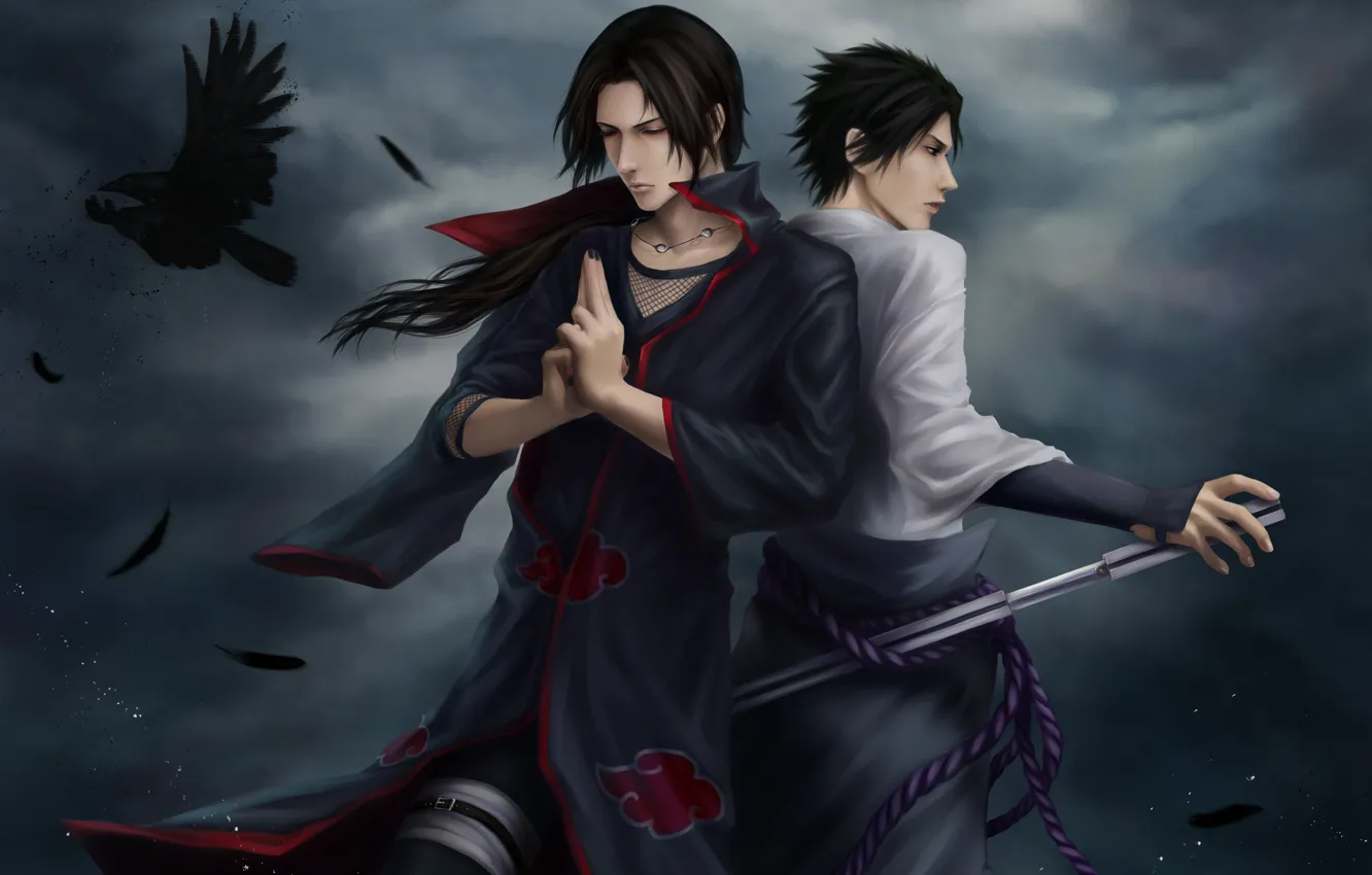 Photo wallpaper clouds, katana, feathers, naruto, ninja, Raven, Sasuke, Naruto