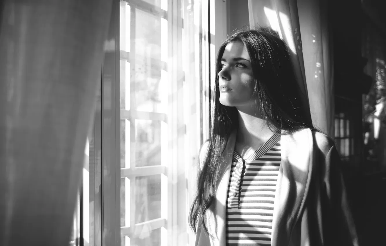 Photo wallpaper girl, window, black and white, looks