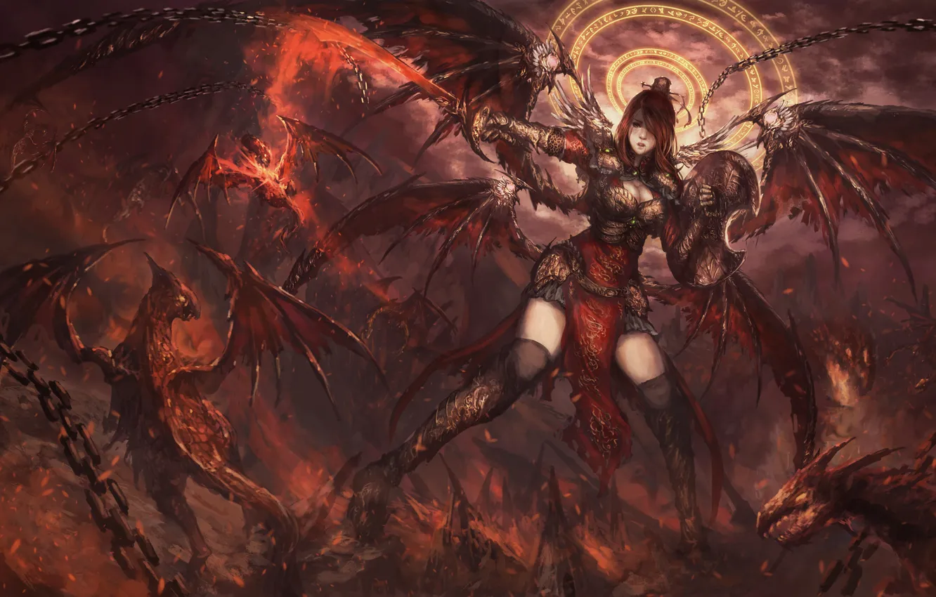 Photo wallpaper girl, pose, fiction, wings, sword, art, shield, demoness