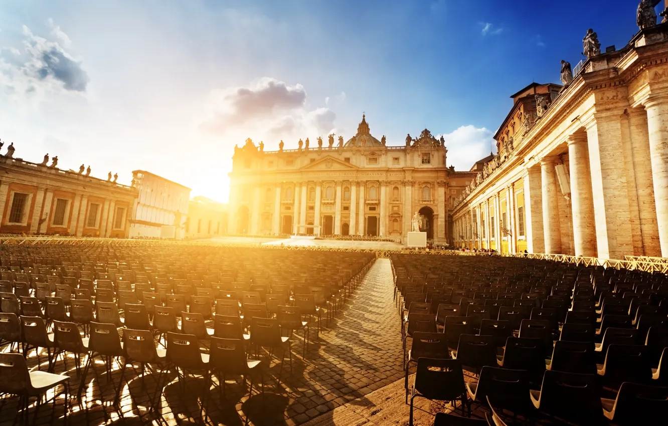 Photo wallpaper the sun, sunset, the city, people, chairs, area, Rome, Italy