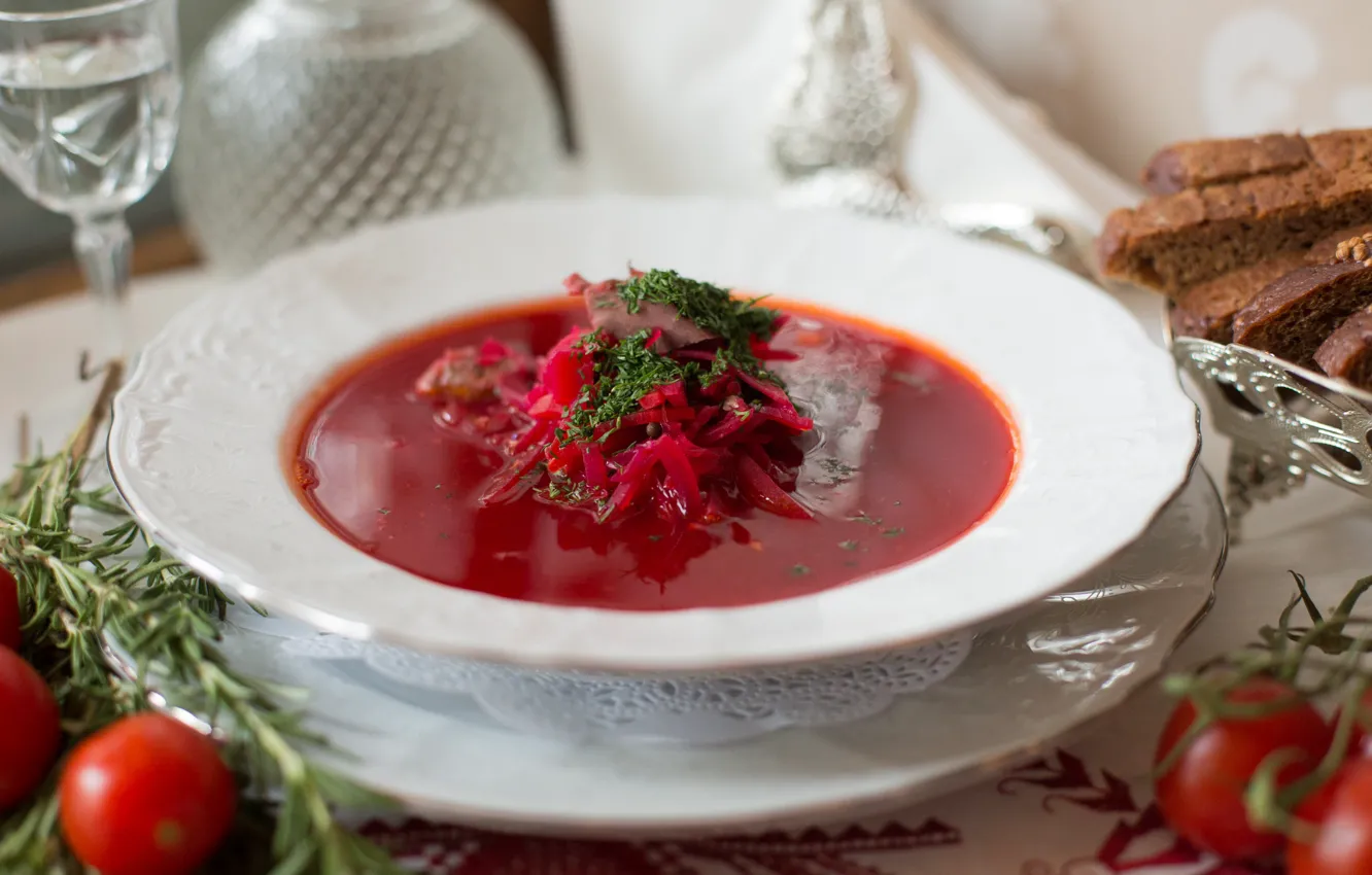 Photo wallpaper plate, tomatoes, soup, rosemary