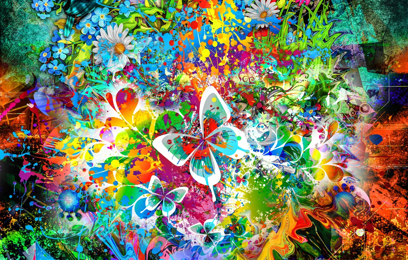 Photo wallpaper colors, flowers, birds, butterflies, drawings, shapes