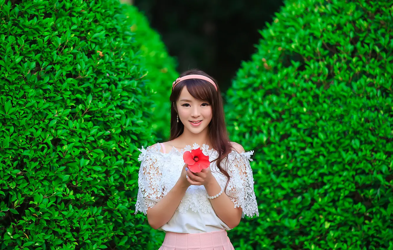 Photo wallpaper girl, flowers, Asian, cutie
