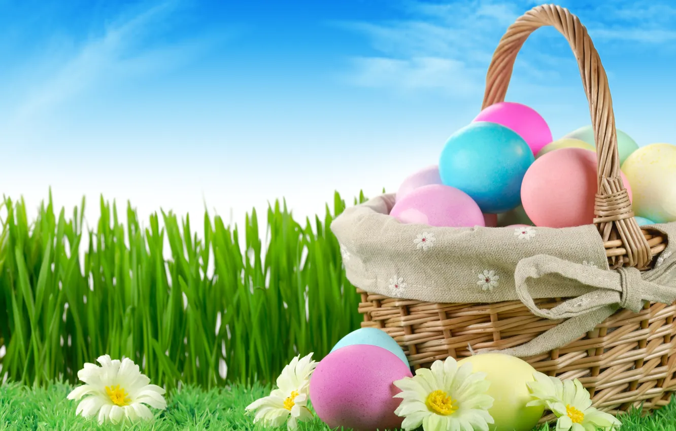 Photo wallpaper grass, sky, nature, flowers, Easter, eggs, holiday