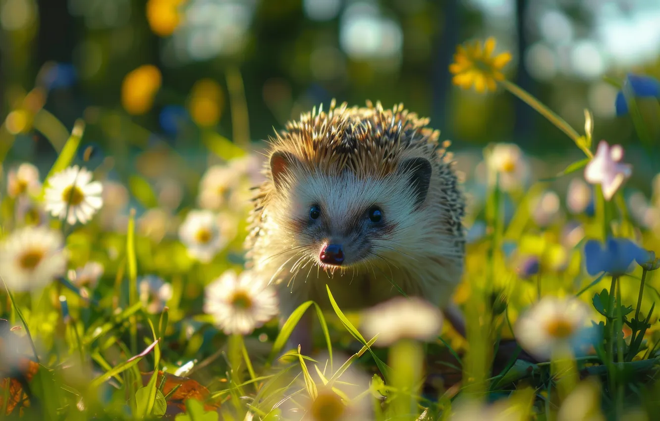 Photo wallpaper greens, summer, grass, light, flowers, nature, glade, chamomile