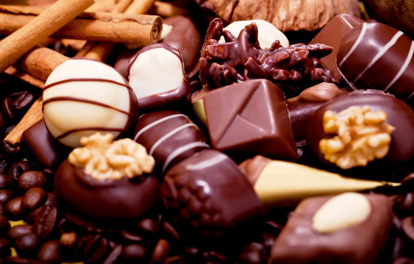 Photo wallpaper coffee, chocolate, candy, sweets, nuts, dessert, spices