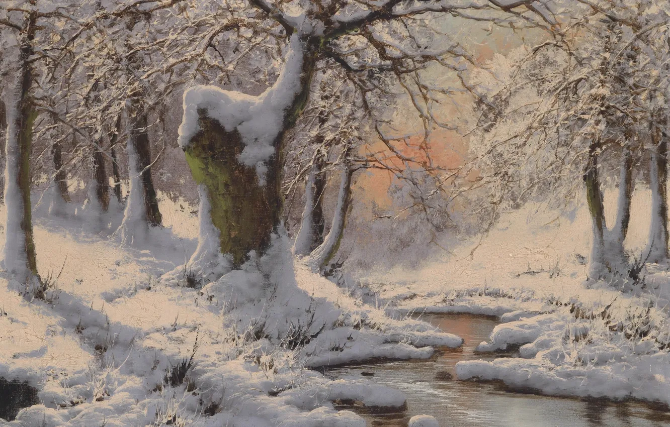 Photo wallpaper Laszlo Neogrady, Hungarian painter, Laszlo Nogradi, Hungarian painter, oil on canvas, Winter snow landscape with …