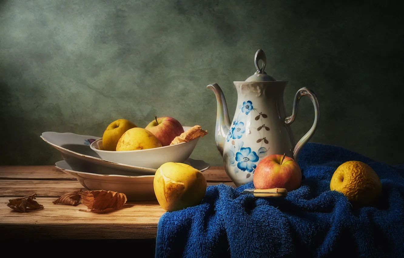 Photo wallpaper leaves, blue, yellow, the dark background, table, wall, apples, food