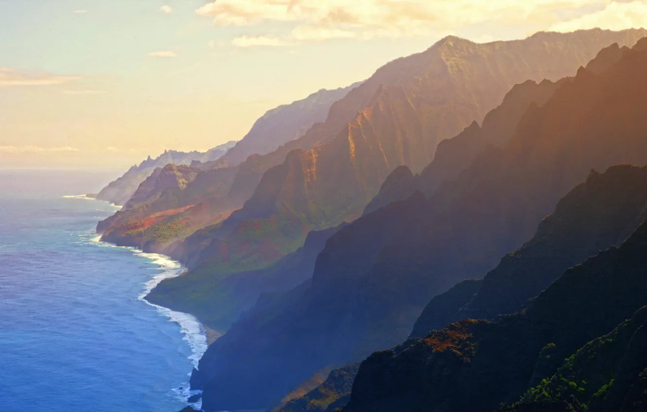 Photo wallpaper sea, the sky, clouds, landscape, mountains, haze