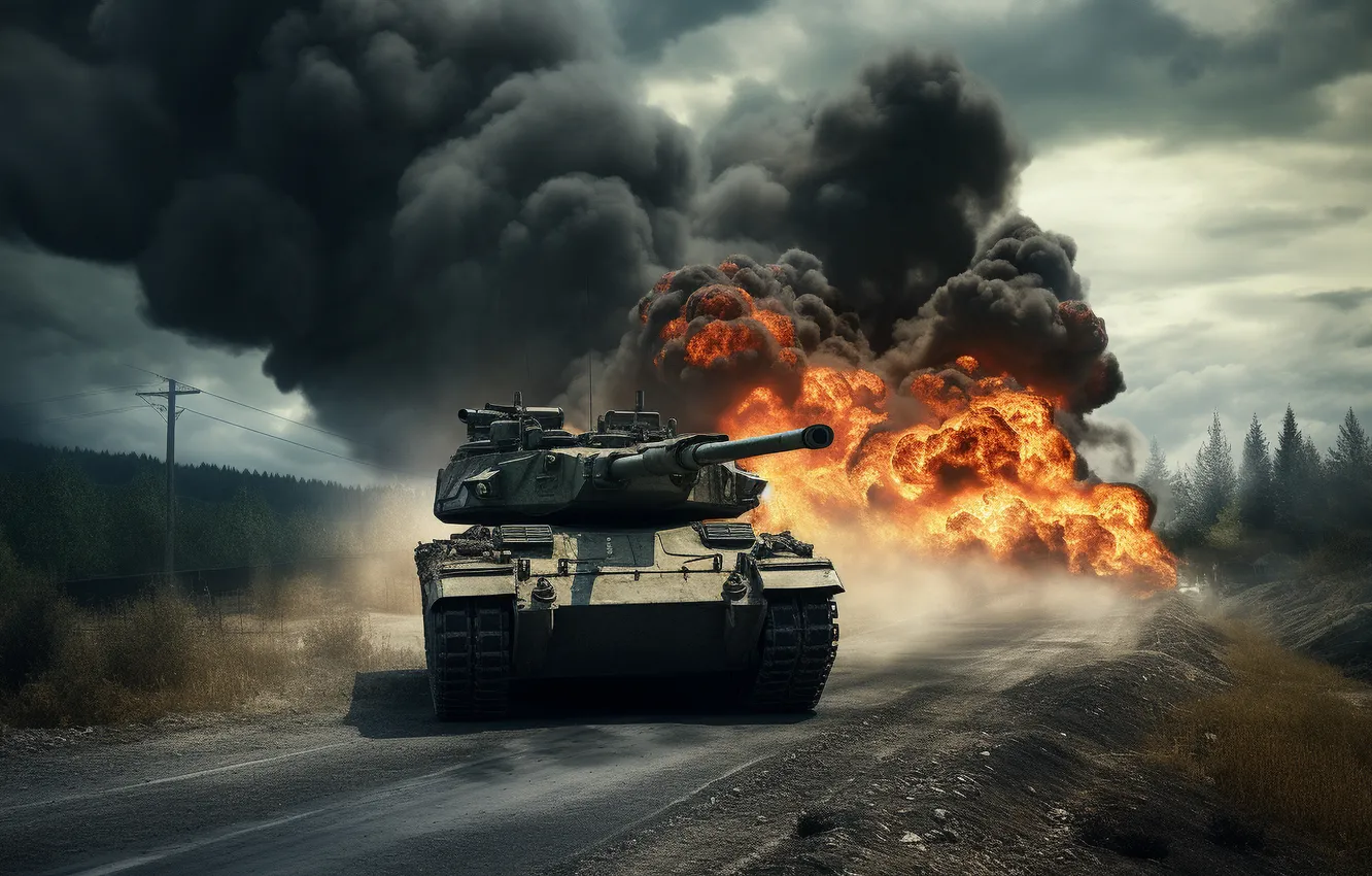 Photo wallpaper Smoke, Fire, Tank, Digital art, AI art, The Art of Artificial Intelligence, Neural network