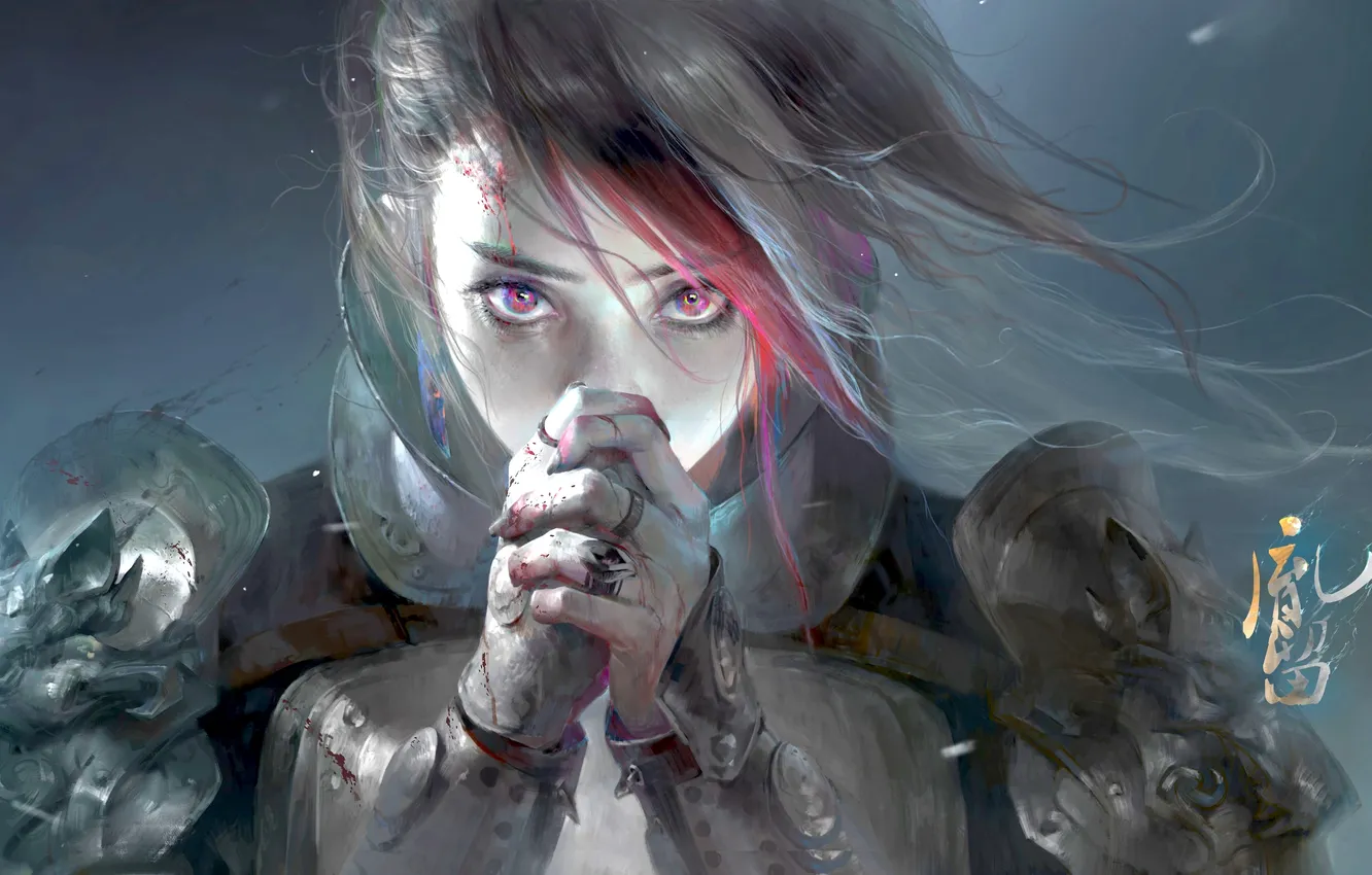 Photo wallpaper girl, blood, fantasy, armor, digital art, artwork, warrior, fantasy art