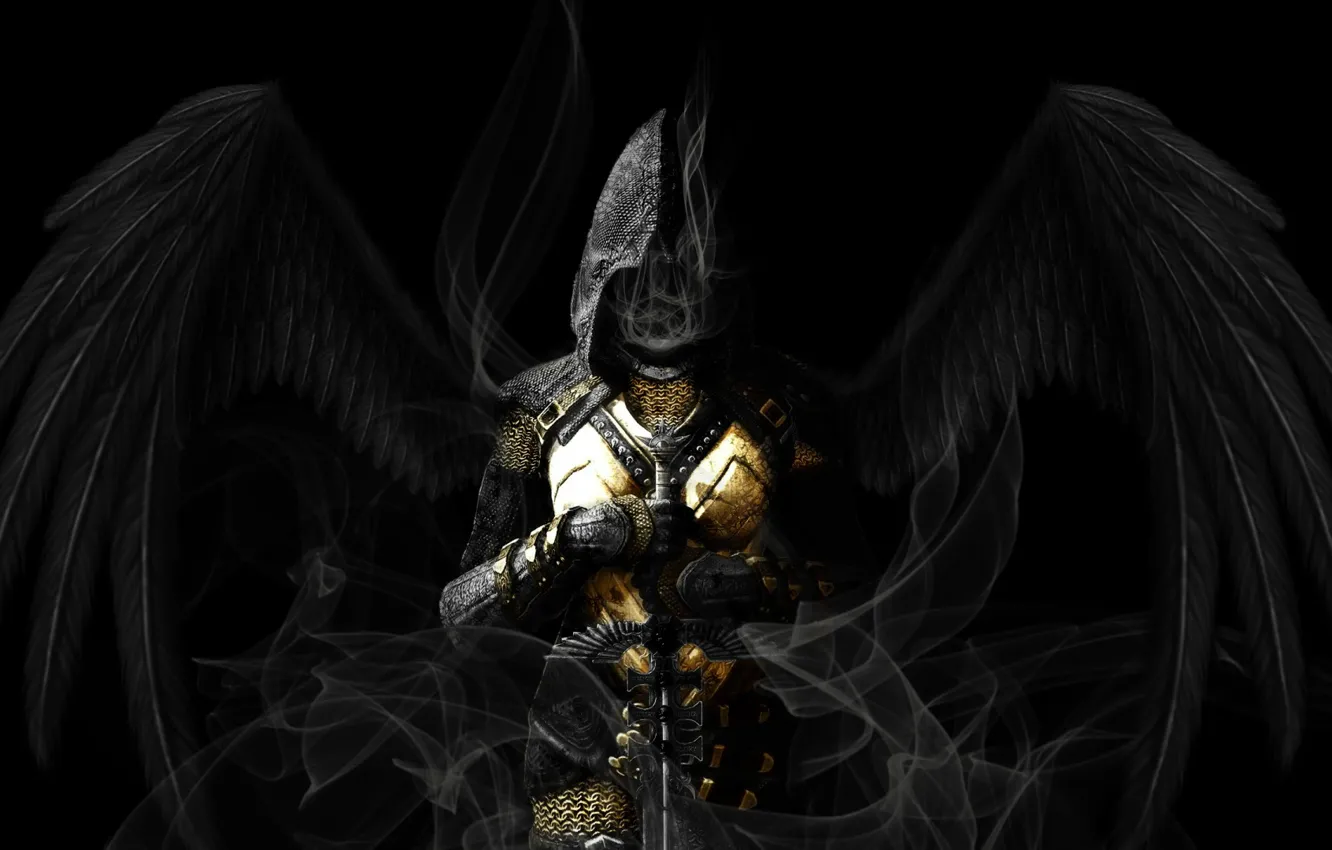 Photo wallpaper smoke, angel, sword, armor, hood, mail, Skyrim, Angel