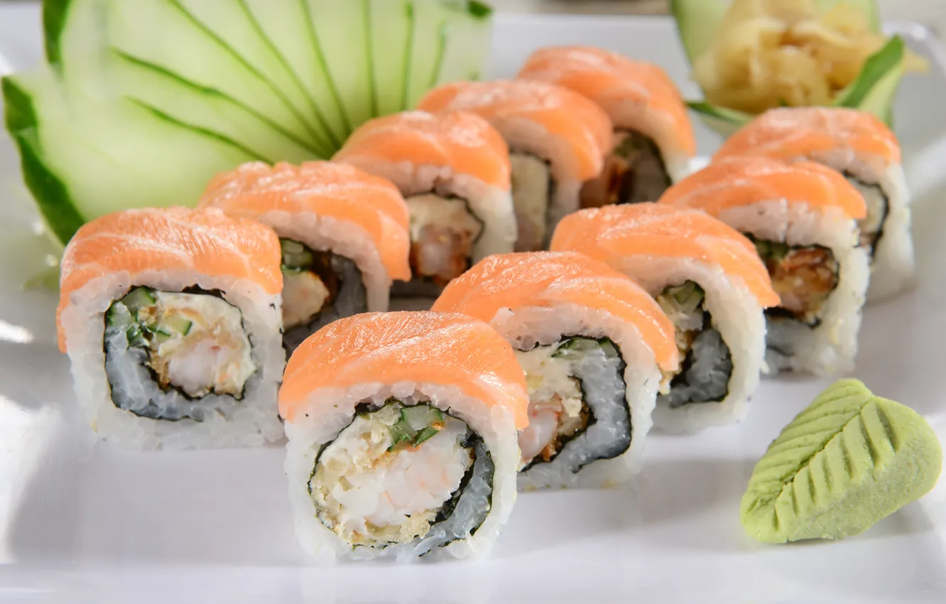Photo wallpaper greens, rolls, sushi, sushi, rolls, Japanese cuisine, fresh herbs, Japanese cuisine