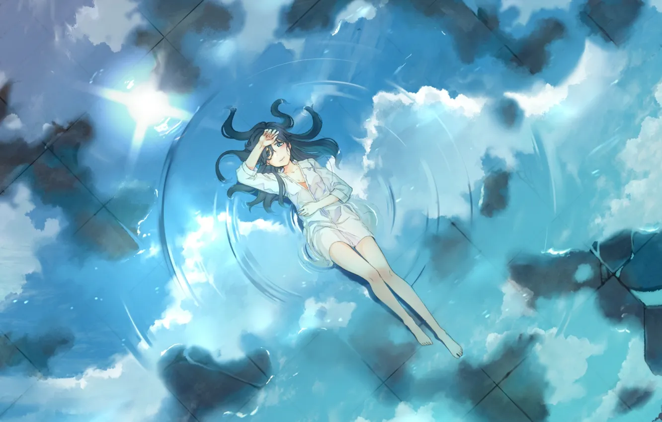 Photo wallpaper the sky, water, girl, the sun, clouds, smile, reflection, anime
