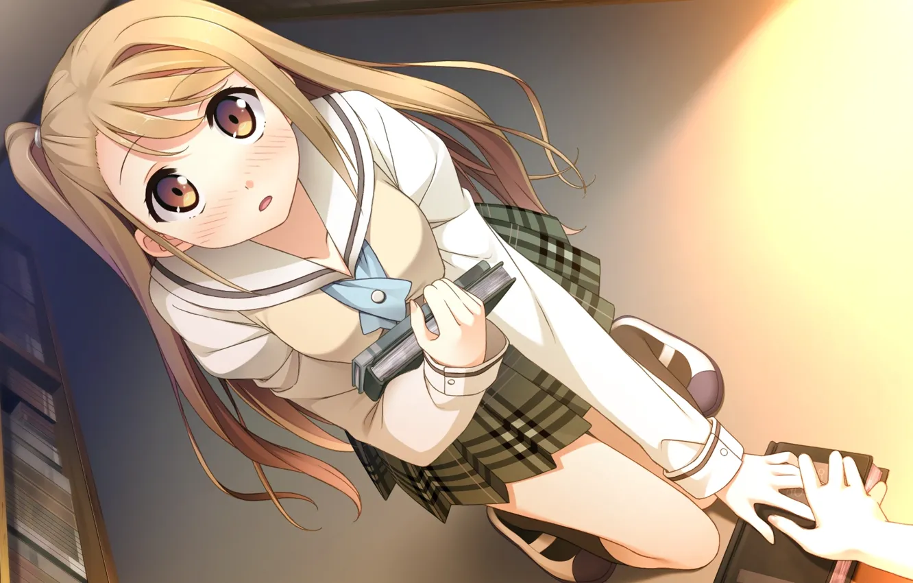 Photo wallpaper book, library, schoolgirl, art, big eyes, Your Diary, visual novel, kantoku