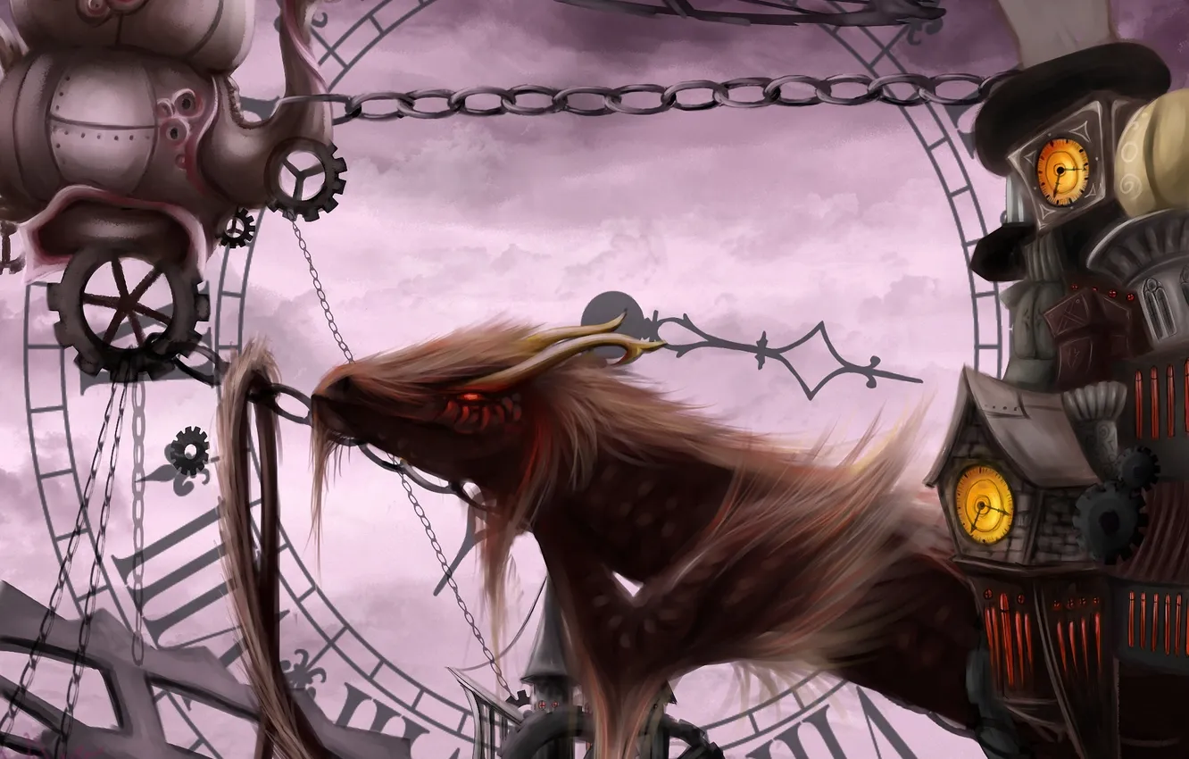 Photo wallpaper dragon, watch, mechanism, art, chain