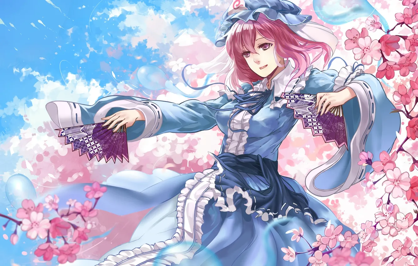 Photo wallpaper girl, Sakura, fan, art, flowering, touhou, Saigyouji Yuyuko, liuruoyu8888