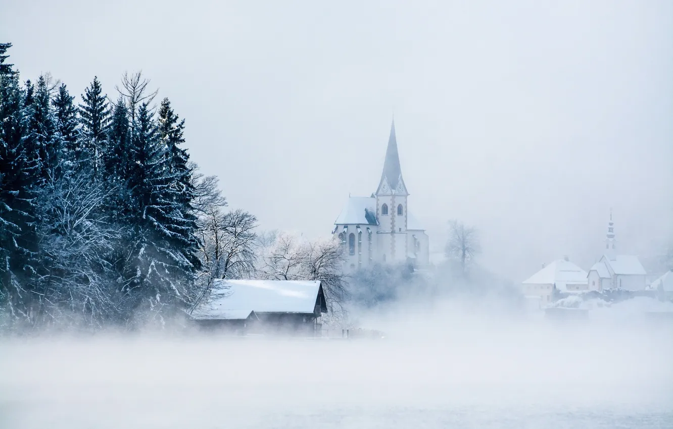Photo wallpaper snow, fog, Austria, maria wörth, Carinthia