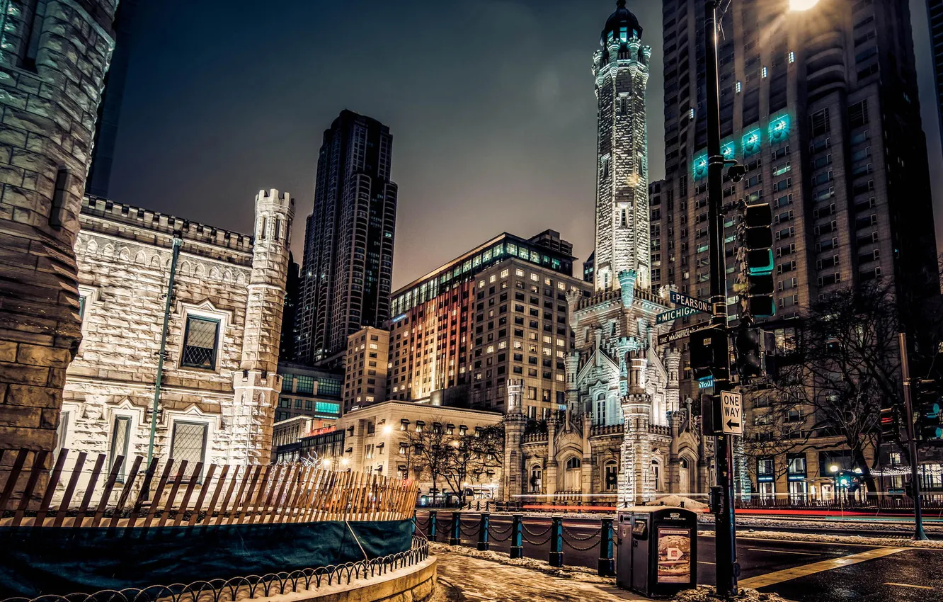 Photo wallpaper night, city, lights, skyscrapers, Chicago, USA, USA, America