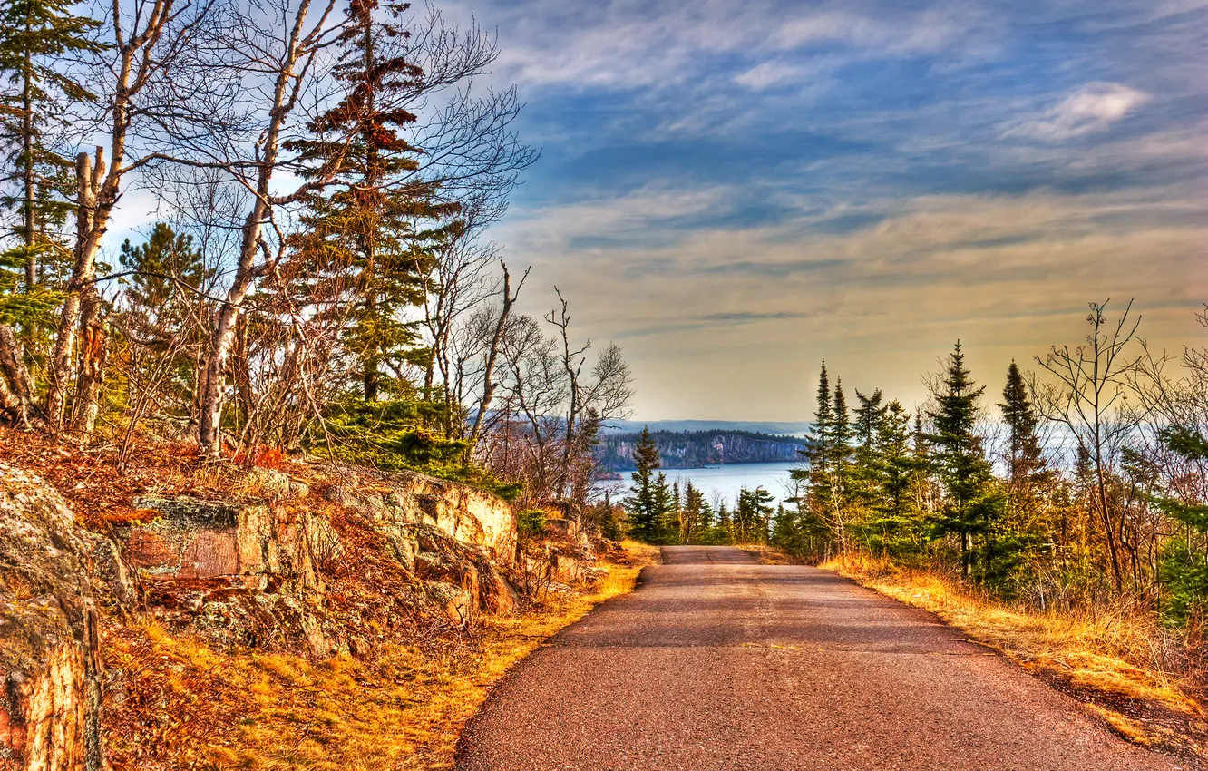 Photo wallpaper road, the sky, clouds, trees, lake, hdr