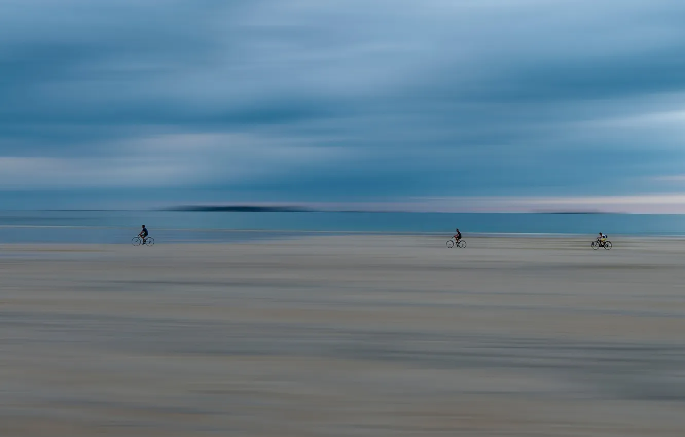 Photo wallpaper sand, sea, the sky, clouds, bike, people, shore, walk